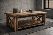 Load image into Gallery viewer, Handmade Rustic Japanese Shou Sugi Ban Oak-Stained Coffee Table with Lower Shelf