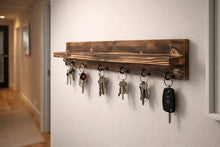 Load image into Gallery viewer, Rustic Shou Sugi Ban Key Holder with Shelf – Handmade Burnt Wood Entryway Organizer – Wall Mounted Key Rack with Hooks – Hallway Shelf
