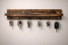 Load image into Gallery viewer, Rustic Shou Sugi Ban Key Holder with Shelf – Handmade Burnt Wood Entryway Organizer – Wall Mounted Key Rack with Hooks – Hallway Shelf
