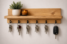 Load image into Gallery viewer, Handmade Wooden Key Rack Shelf – Antique Pine Finish with Hooks
